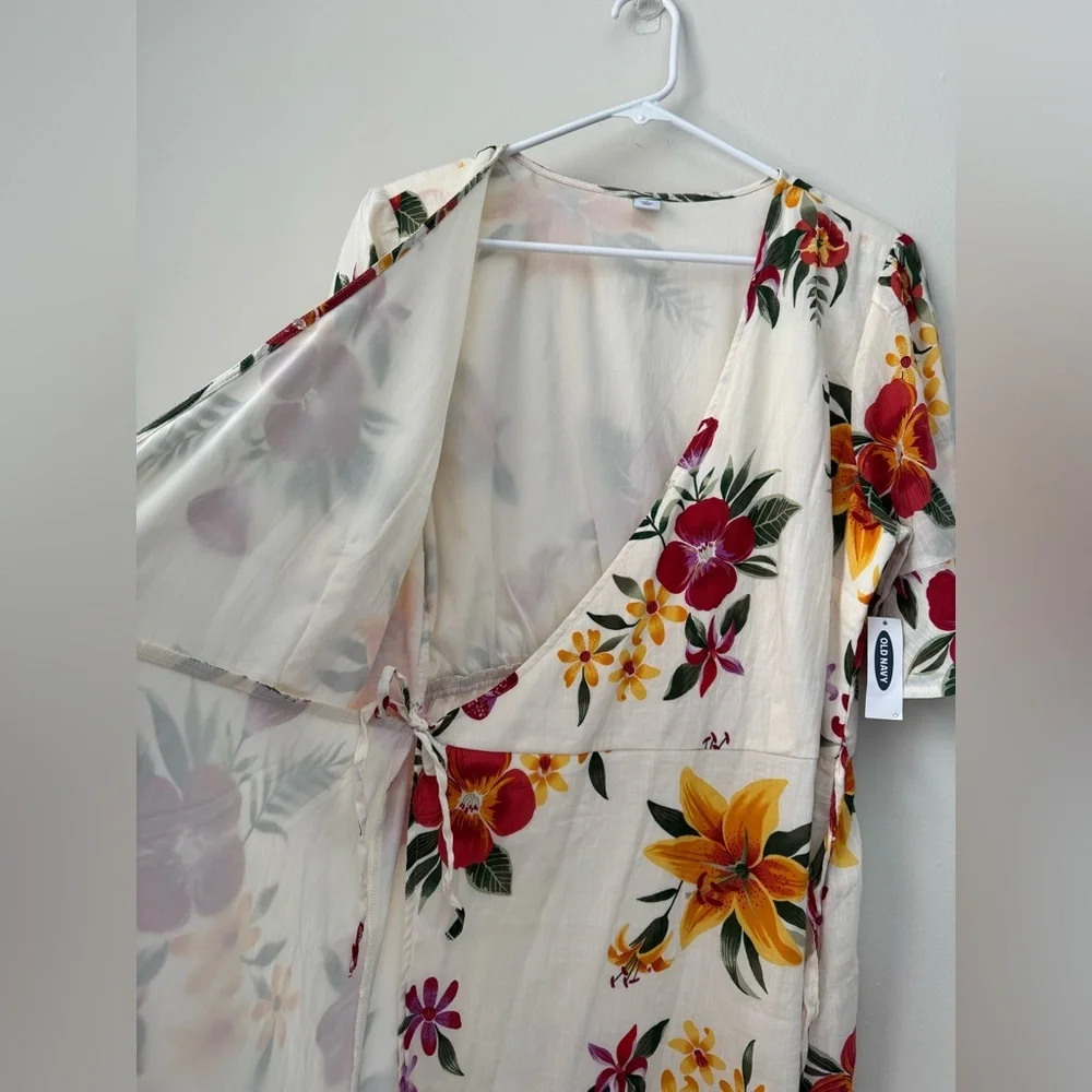 Waist-Difined Bell-Sleeve Faux-Wrap Dress for Women, white floral, Size L - Picture 8 of 12